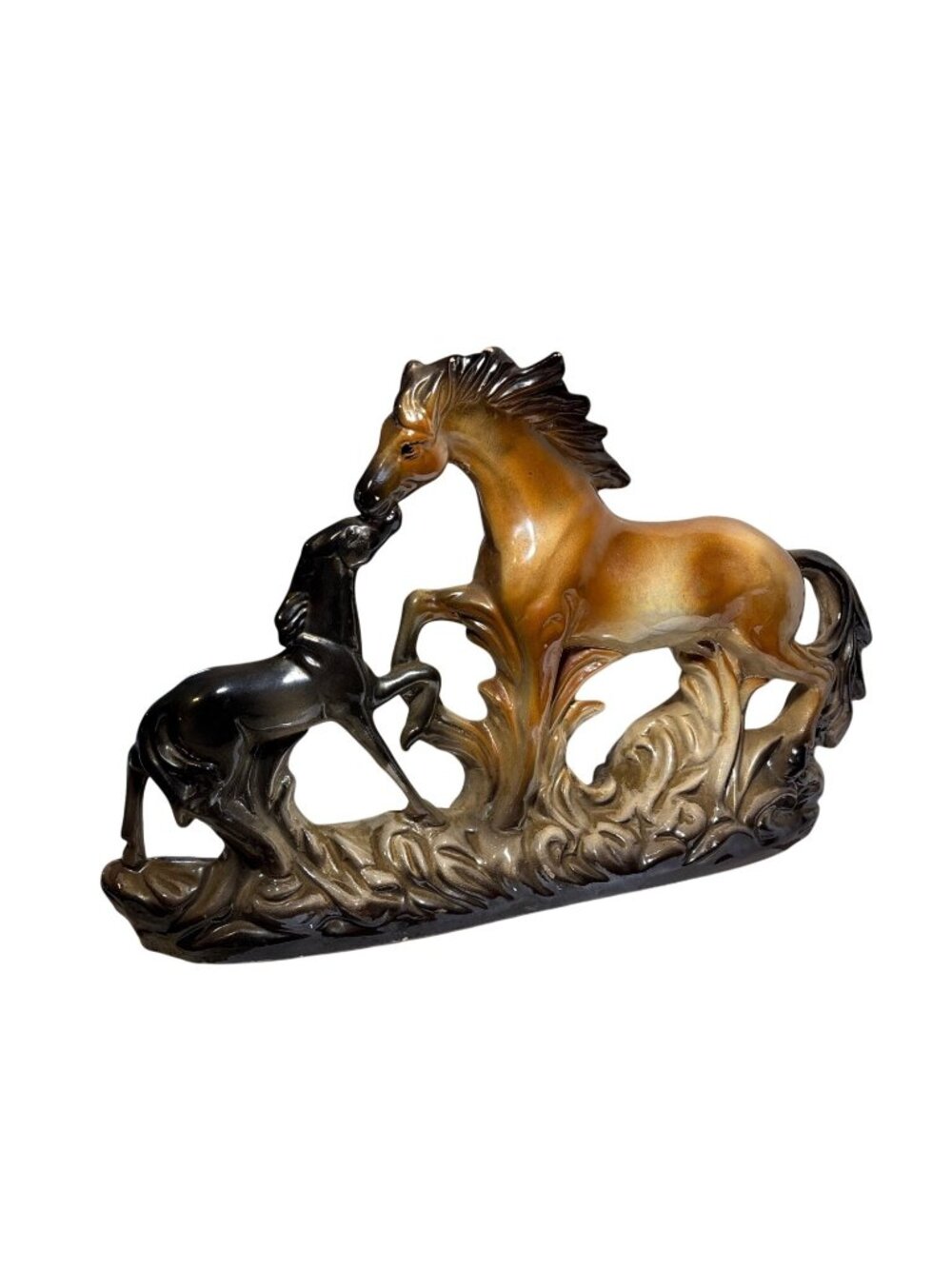 Ceramic Horses Figurine Mom and Baby Brown & Black 9.5 x 11.5" Made in Italy Vtg
